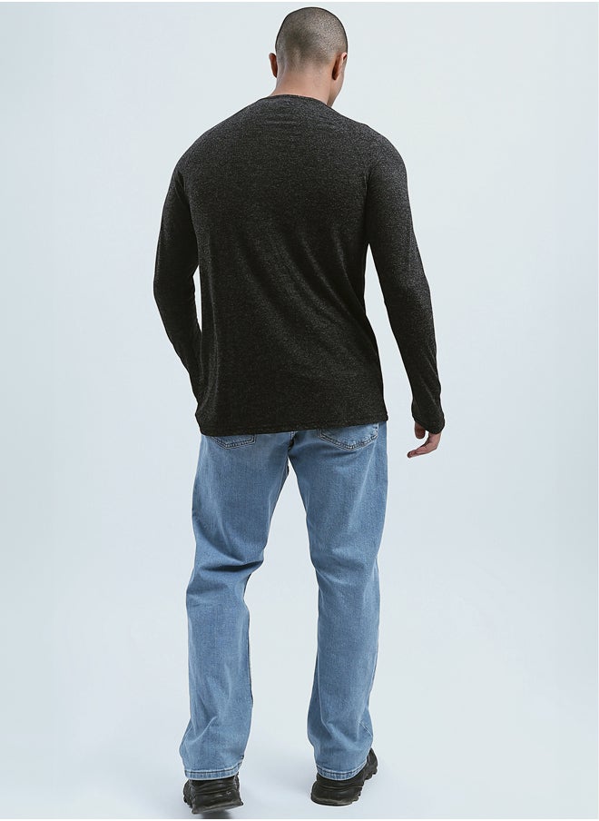 RAVIN - Regular Fit Heahter Black Long Sleeves Henley Shirt - Image 1