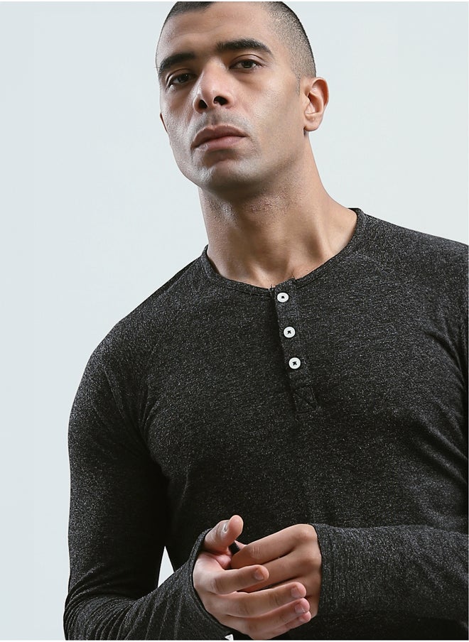 RAVIN - Regular Fit Heahter Black Long Sleeves Henley Shirt - Image 1