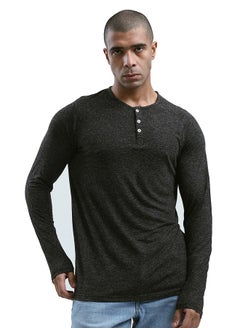 Regular Fit Heahter Black Long Sleeves Henley Shirt