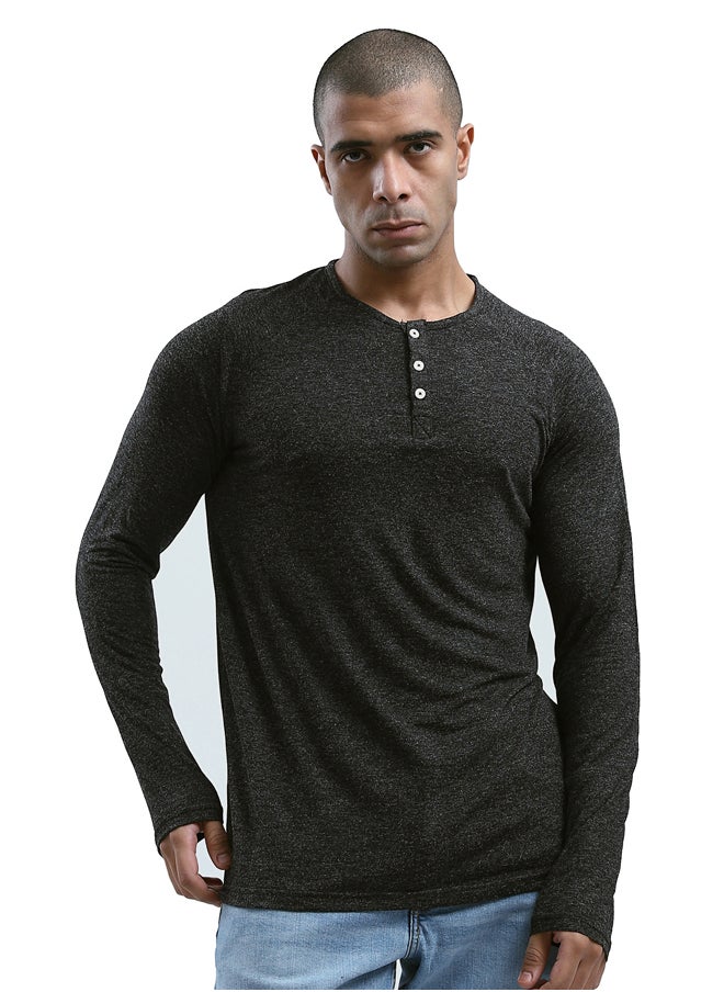 RAVIN - Regular Fit Heahter Black Long Sleeves Henley Shirt - Image 1