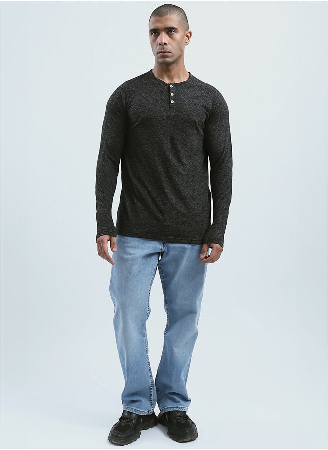 RAVIN - Regular Fit Heahter Black Long Sleeves Henley Shirt - Image 1
