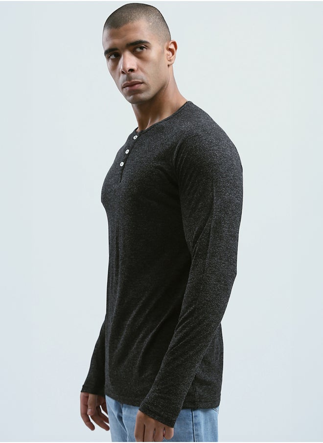 RAVIN - Regular Fit Heahter Black Long Sleeves Henley Shirt - Image 1