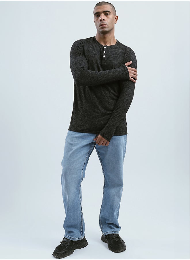 RAVIN - Regular Fit Heahter Black Long Sleeves Henley Shirt - Image 1