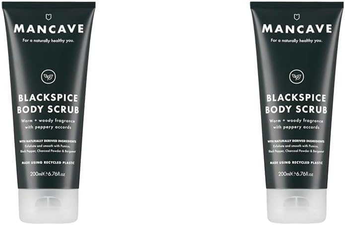ManCave Blackspice Body Scrub 200ml for Men Warm Woody Aroma Exfoliate Cleanse Skin with Pumice and Charcoal Powder Scrub Natural Formulation Vegan Friendly Made in England Pack of 2