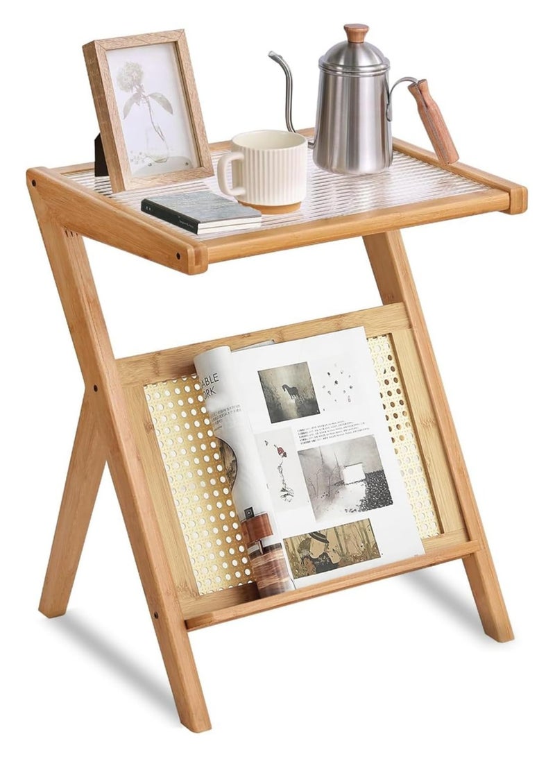 LINGWEI Rattan Side Table Glass Coffee Table for Small Space Boho Nightstand Bamboo Accent Bedside Tables with Storage For Living Room and Bedroom  - Image 4