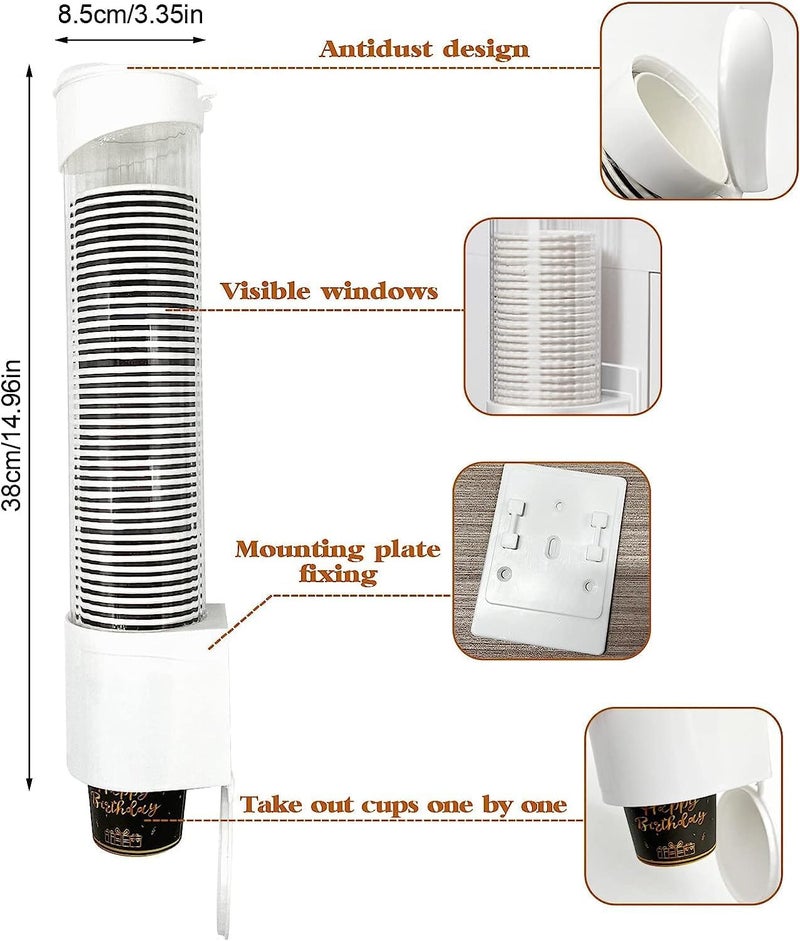 Feinerman Wall Mounted Paper Cup Dispenser Plastic Drinking Water Cup Holder Disposable Cup Organizer with Adhesive or Screw Mount SpaceSaving Glass Dispenser for Office Kitchen Hospital - Image 2