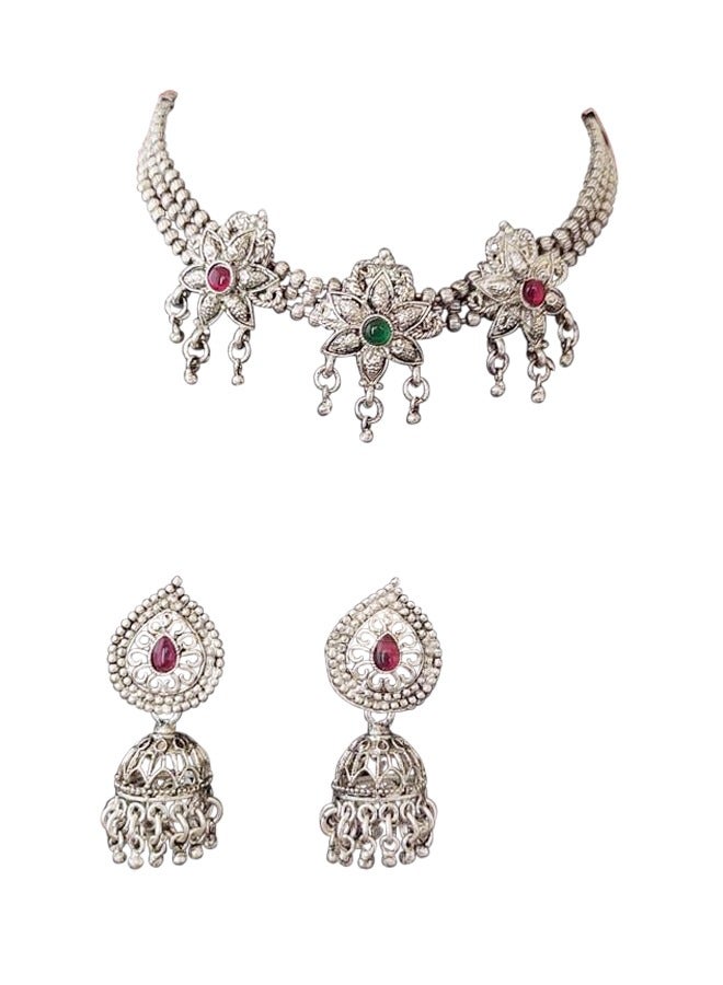 Beautiful Designer Oxidized Silver Beaded 3 Layer Choker Style Necklace Set