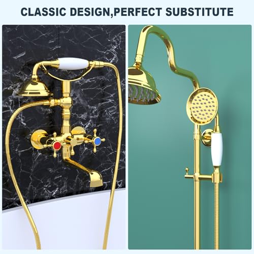 ENGA Vintage Hand-held Shower Rain Sprayer Telephone Shaped Ceramic Shower Head with 59 Inch Hose for Bathroom (Gold Finish) - Image 2