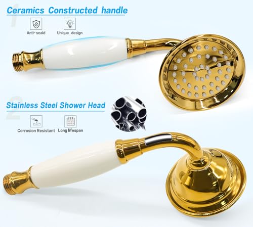 ENGA Vintage Hand-held Shower Rain Sprayer Telephone Shaped Ceramic Shower Head with 59 Inch Hose for Bathroom (Gold Finish) - Image 4