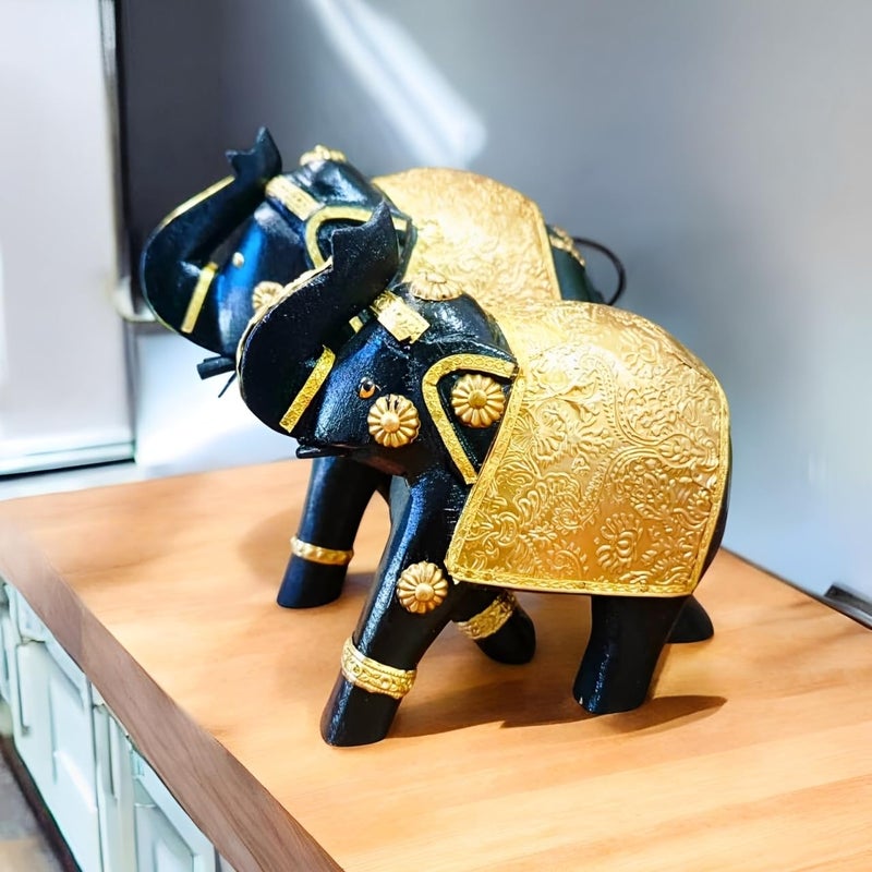 RHEA STORE مجموعة تماثيل فيل خشبي من RHEA STORE عدد 2 للزينة لمكتب المنزل فيل خشبي ذهبي للزينة على الطاولة غرفة المعيشة غرفة النوم والمكتب 8 بوصة - Image 3