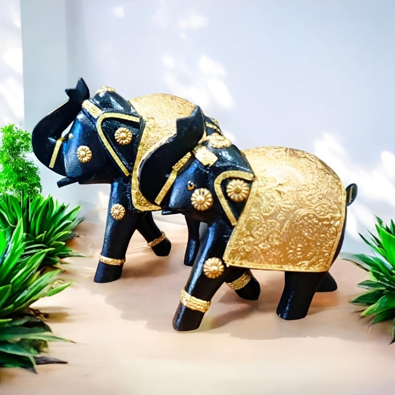 RHEA STORE مجموعة تماثيل فيل خشبي من RHEA STORE عدد 2 للزينة لمكتب المنزل فيل خشبي ذهبي للزينة على الطاولة غرفة المعيشة غرفة النوم والمكتب 8 بوصة - Image 1
