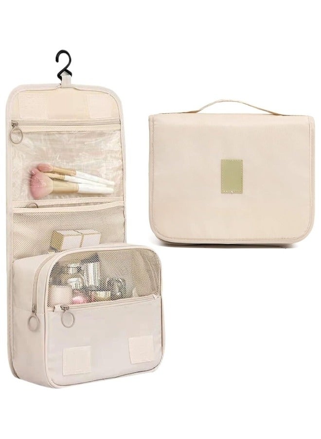 حقيبة سفر لأدوات الزينة، حقيبة مستحضرات تجميل يدوية، حقيبة مكياج ذات سعة كبيرة، حقيبة مكياج محمولة قابلة للطي مع خطاف منظم حقيبة مستحضرات التجميل للرجال والنساء- بيج - Image 1