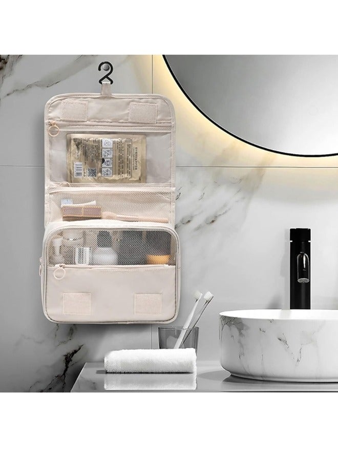 حقيبة سفر لأدوات الزينة، حقيبة مستحضرات تجميل يدوية، حقيبة مكياج ذات سعة كبيرة، حقيبة مكياج محمولة قابلة للطي مع خطاف منظم حقيبة مستحضرات التجميل للرجال والنساء- بيج - Image 2