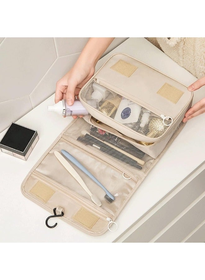 حقيبة سفر لأدوات الزينة، حقيبة مستحضرات تجميل يدوية، حقيبة مكياج ذات سعة كبيرة، حقيبة مكياج محمولة قابلة للطي مع خطاف منظم حقيبة مستحضرات التجميل للرجال والنساء- بيج - Image 3