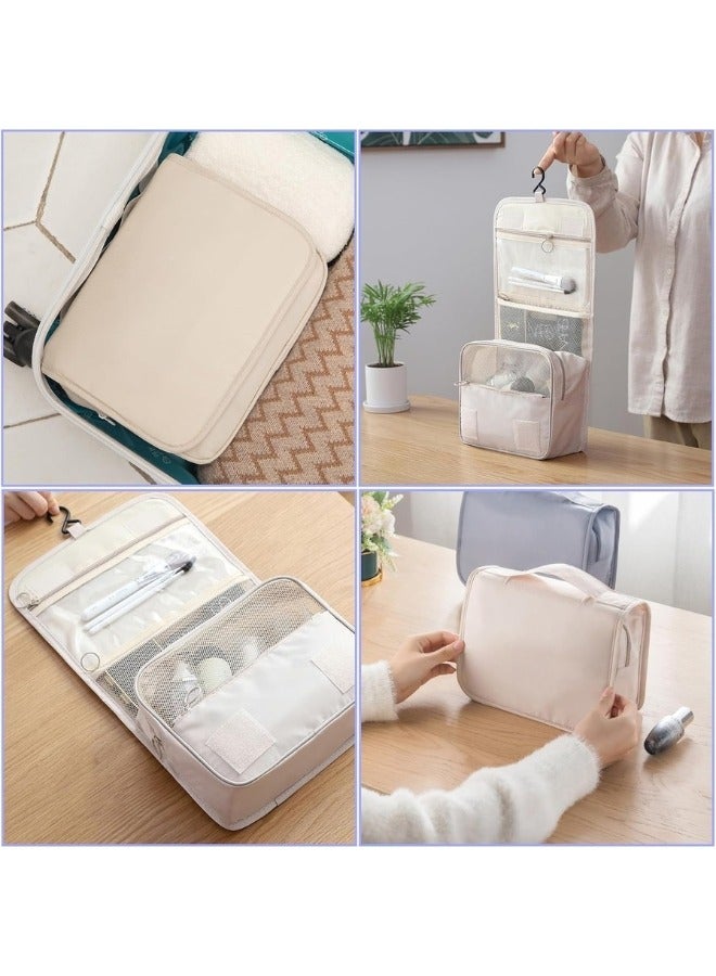 حقيبة سفر لأدوات الزينة، حقيبة مستحضرات تجميل يدوية، حقيبة مكياج ذات سعة كبيرة، حقيبة مكياج محمولة قابلة للطي مع خطاف منظم حقيبة مستحضرات التجميل للرجال والنساء- بيج - Image 4