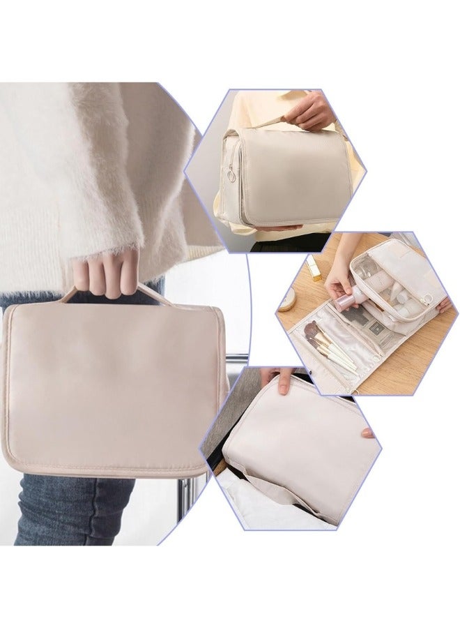 حقيبة سفر لأدوات الزينة، حقيبة مستحضرات تجميل يدوية، حقيبة مكياج ذات سعة كبيرة، حقيبة مكياج محمولة قابلة للطي مع خطاف منظم حقيبة مستحضرات التجميل للرجال والنساء- بيج - Image 5