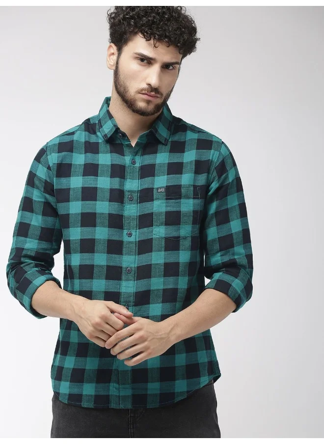 شركة المرآب الهندية Teal Green Slim Fit Casual Other Checks Spread Collar Full Sleeves Cotton Shirt