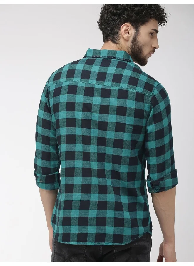 شركة المرآب الهندية Teal Green Slim Fit Casual Other Checks Spread Collar Full Sleeves Cotton Shirt