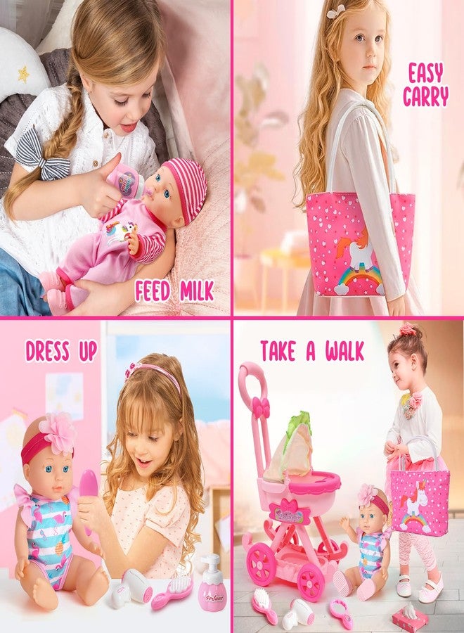 Golray Girl Baby Doll Stroller Toy Set with 12" Baby Doll & 17pcs Baby Doll Accessories Handbag/Clothes/Sunshade/Feeding Nursery Pretend Play Toy Birthday Gift for Toddler Girls 3 4 5 6 7 Years Old - Image 5