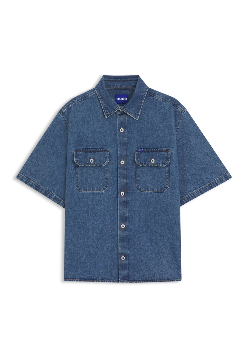 HUGO Oversized-fit shirt in blue denim with contrast stitching