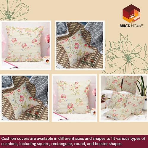 BRICK HOME Set of 5 Polycotton Printed Cushion Covers 18x18 Inches | Pastel Floral Pattern on Beige Stripes | Soft Fabric Decorative Pillow Covers for Sofa, Couch & Living Room - Image 2
