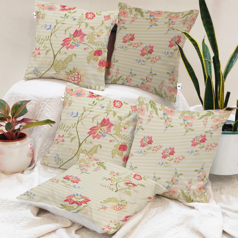 BRICK HOME Set of 5 Polycotton Printed Cushion Covers 18x18 Inches | Pastel Floral Pattern on Beige Stripes | Soft Fabric Decorative Pillow Covers for Sofa, Couch & Living Room - Image 5