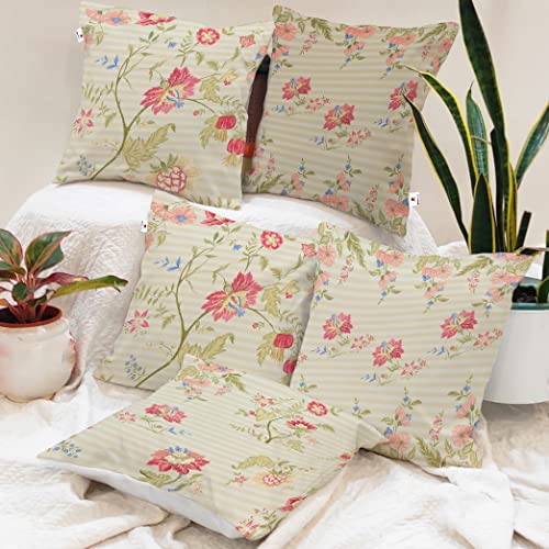 BRICK HOME Set of 5 Polycotton Printed Cushion Covers 18x18 Inches | Pastel Floral Pattern on Beige Stripes | Soft Fabric Decorative Pillow Covers for Sofa, Couch & Living Room - Image 1
