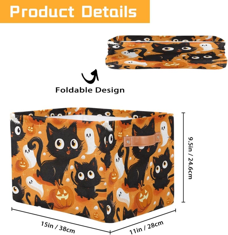 Small Storage Basket Foldable Animal Halloween Cat Cube Organizer Bin with Handles Kids Toy Organizer Box Collapsible Fabric Hamper for Nursery Living Room Bedroom Decort Gifts - Image 2