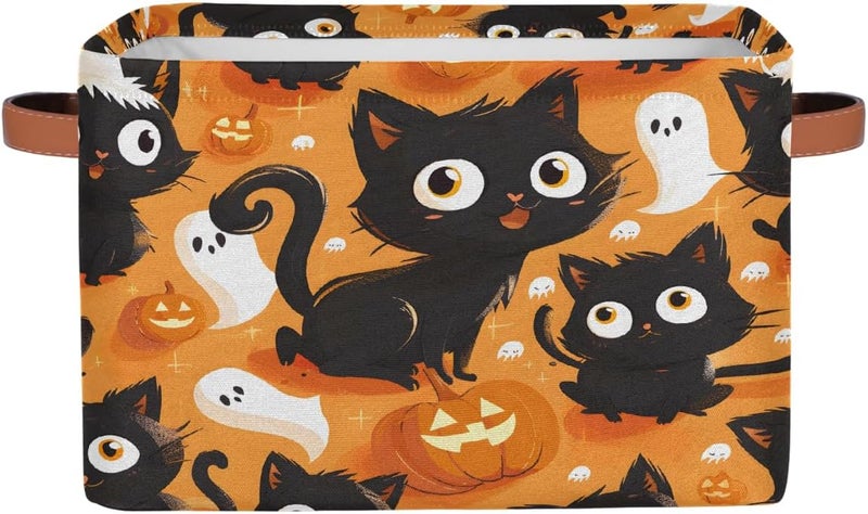 Small Storage Basket Foldable Animal Halloween Cat Cube Organizer Bin with Handles Kids Toy Organizer Box Collapsible Fabric Hamper for Nursery Living Room Bedroom Decort Gifts - Image 1
