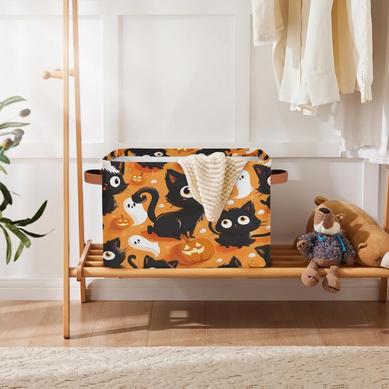 Small Storage Basket Foldable Animal Halloween Cat Cube Organizer Bin with Handles Kids Toy Organizer Box Collapsible Fabric Hamper for Nursery Living Room Bedroom Decort Gifts - Image 5