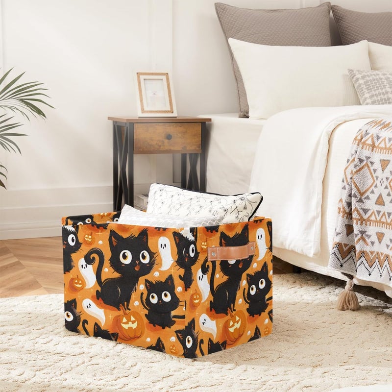 Small Storage Basket Foldable Animal Halloween Cat Cube Organizer Bin with Handles Kids Toy Organizer Box Collapsible Fabric Hamper for Nursery Living Room Bedroom Decort Gifts - Image 4