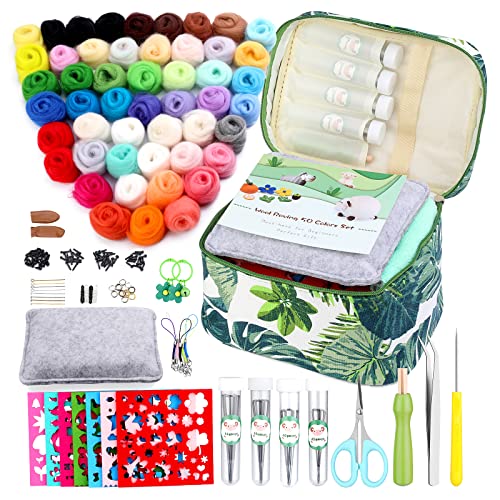 IMZAY Needle Felting Kit, Wool Roving 50 Colors Set with Exquisite Green Storage Bag, Needle Felting Starter Kit, Needle Felting Tools Kit, Wool Felt Tools for Felted Animal Needle Felting Supplies - Image 1