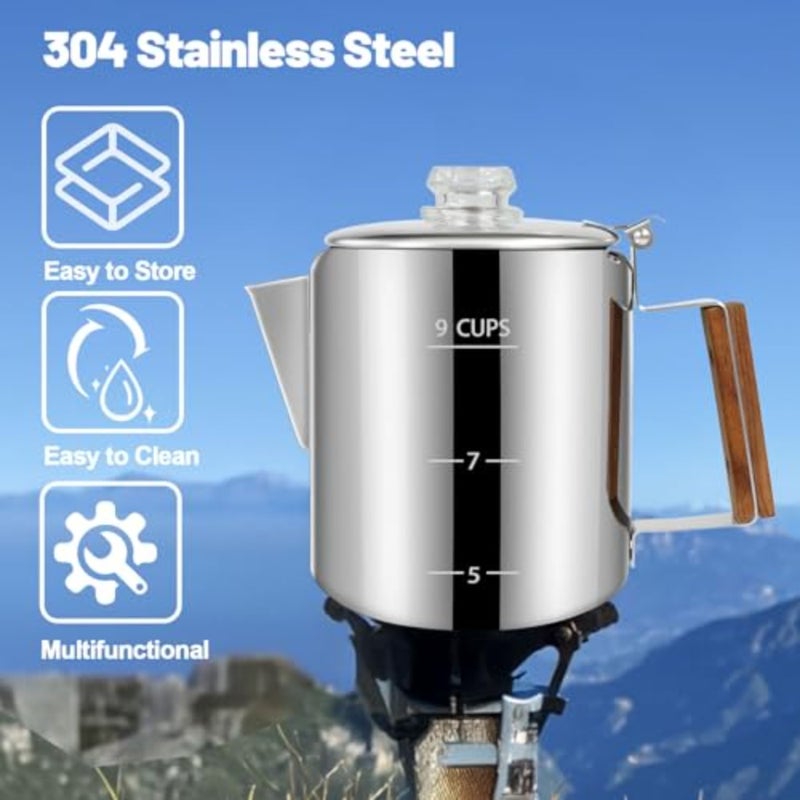 Percolator 304 Stainless Steel Coffee Pot Coffee Maker Coffee Machine with Solid Wood Handle Transparent Knob Stovetop Greca Mocha for Induction Home and Camping 1500ml 50.7oz - Image 4