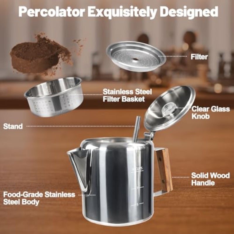 Percolator 304 Stainless Steel Coffee Pot Coffee Maker Coffee Machine with Solid Wood Handle Transparent Knob Stovetop Greca Mocha for Induction Home and Camping 1500ml 50.7oz - Image 3