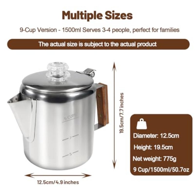 Percolator 304 Stainless Steel Coffee Pot Coffee Maker Coffee Machine with Solid Wood Handle Transparent Knob Stovetop Greca Mocha for Induction Home and Camping 1500ml 50.7oz - Image 2