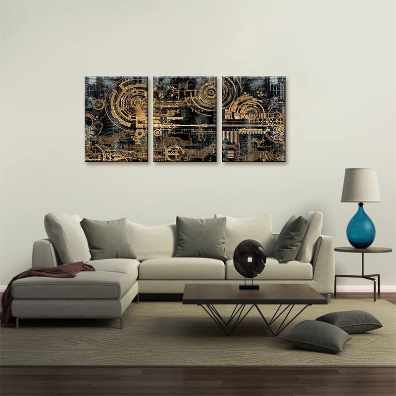 EMODA 3-Piece 16x24 Inch Framed Canvas Wall Art Set – Modern Steampunk Mechanical Abstract Artwork for Living Room, Bedroom, Office - Image 2