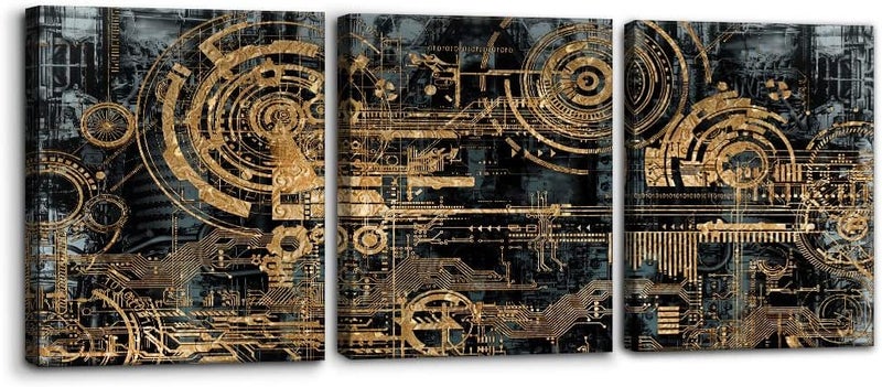 EMODA 3-Piece 16x24 Inch Framed Canvas Wall Art Set – Modern Steampunk Mechanical Abstract Artwork for Living Room, Bedroom, Office - Image 1