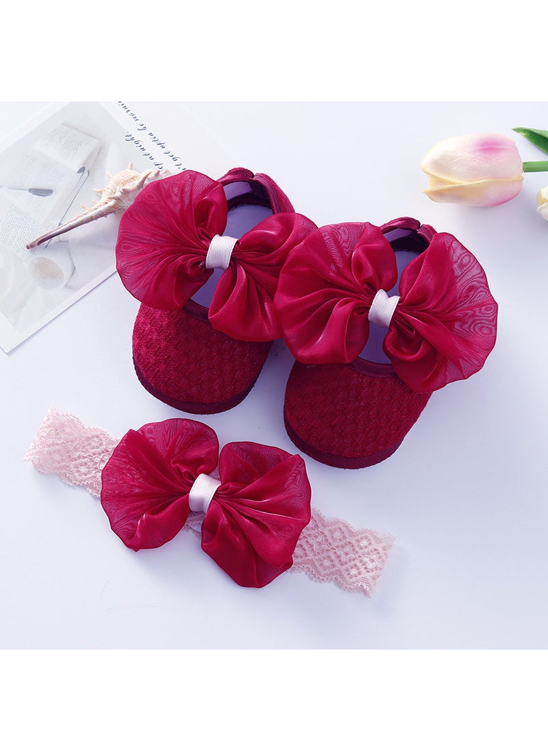 Generic 2022 new spring and autumn baby shoes hair band suit 0-1 year old baby shoes soft bottom toddler princess shoes 3-8 monthsSilky bow wine red + hair band Silky bow wine red + hair band 