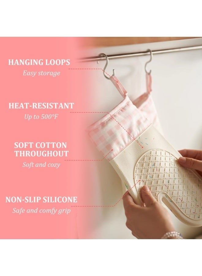 MUMO 2 Pack Oven Mitts,Heat Resistant Gloves, Non-Slip Silicone and Cotton Lining Kitchen Gloves, with Soft Lining, Good Grip, Easy Clean, Long Waterproof Cooking Mitts for Baking, Grilling, Microwave and Pot Holder, Durable Home Essentials for Chef - Image 4