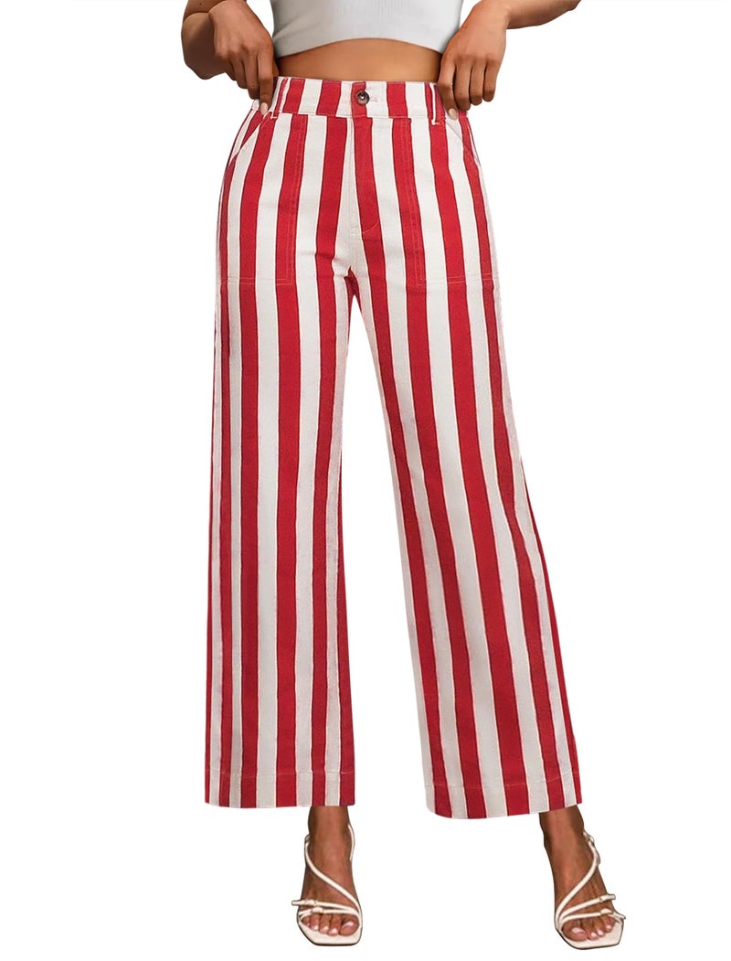 Eddoyee Womens Wide Leg Ankle Pants, High Waisted Straight Leg Stretch Casual Elastic Waist Cropped Pants Red - Image 1