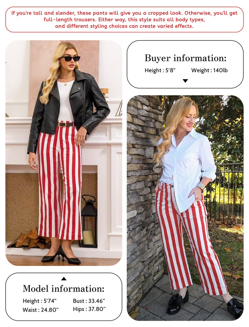 Eddoyee Womens Wide Leg Ankle Pants, High Waisted Straight Leg Stretch Casual Elastic Waist Cropped Pants Red - Image 5