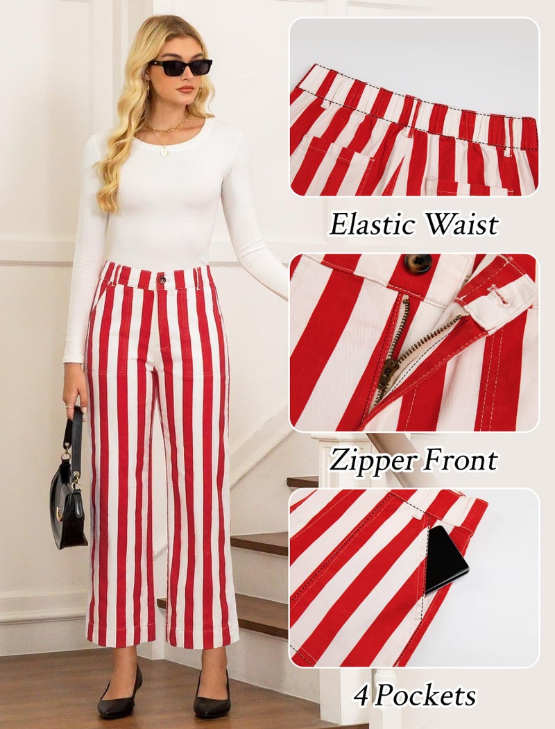 Eddoyee Womens Wide Leg Ankle Pants, High Waisted Straight Leg Stretch Casual Elastic Waist Cropped Pants Red - Image 4