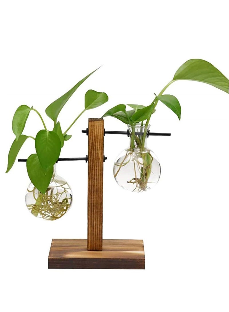Desktop Glass Flower Pot Vase with Retro Solid Wood Small Bench Frame for Hydroponic Plant Family Garden Wedding Decoration (2 Bulb Vase) - Image 1