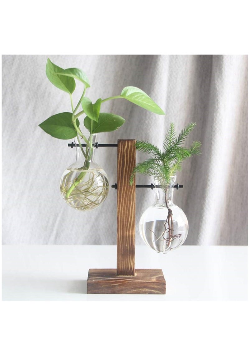 Desktop Glass Flower Pot Vase with Retro Solid Wood Small Bench Frame for Hydroponic Plant Family Garden Wedding Decoration (2 Bulb Vase) - Image 4