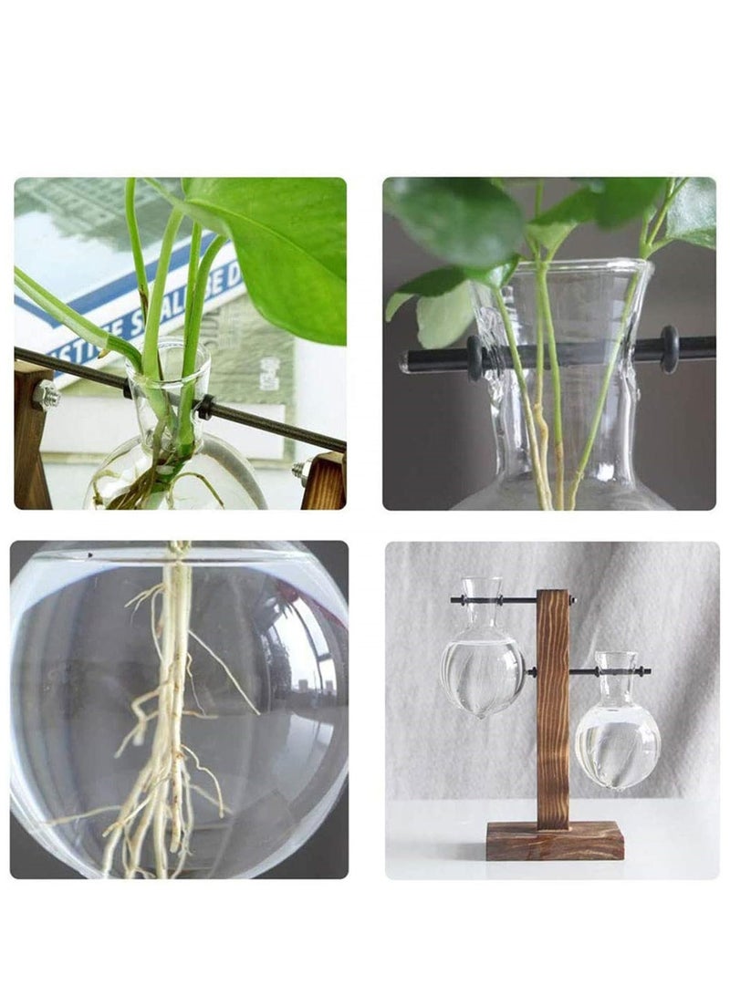Desktop Glass Flower Pot Vase with Retro Solid Wood Small Bench Frame for Hydroponic Plant Family Garden Wedding Decoration (2 Bulb Vase) - Image 2