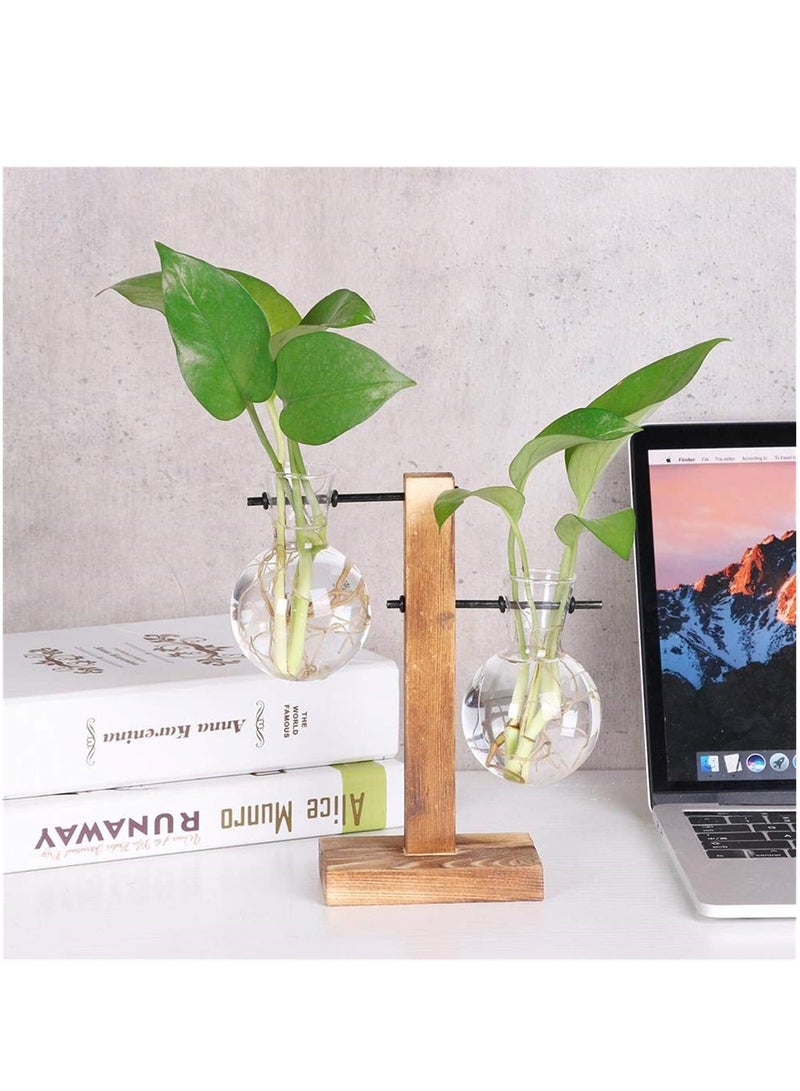 Desktop Glass Flower Pot Vase with Retro Solid Wood Small Bench Frame for Hydroponic Plant Family Garden Wedding Decoration (2 Bulb Vase) - Image 3