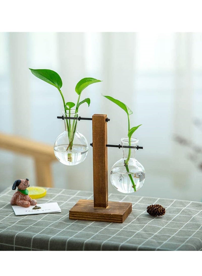 Desktop Glass Flower Pot Vase with Retro Solid Wood Small Bench Frame for Hydroponic Plant Family Garden Wedding Decoration (2 Bulb Vase) - Image 5