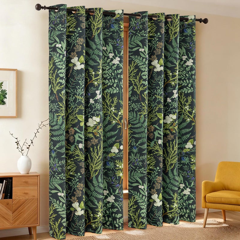 keensoft Botanical 100% Blackout Curtains for Bedroom 96 Inch Length 2 Panels Set Vintage Black Green Plant Floral Curtains Insulated Grommet Room Darkening Window Drapes for Living Roomï¼Œ52Wx96L - Image 2