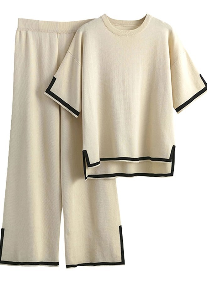 Tanming Sweater Sets Women Two Piece Outfits Short Sleeve Tops Wide Leg Pants Loungewear, Apricot, L - Image 1