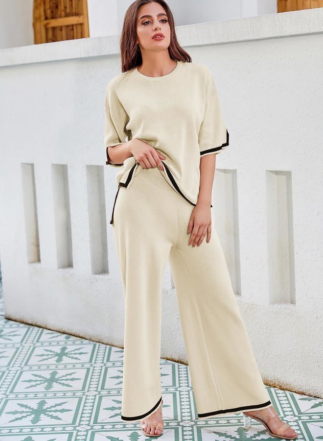 Tanming Sweater Sets Women Two Piece Outfits Short Sleeve Tops Wide Leg Pants Loungewear, Apricot, L - Image 5